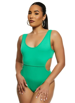 Womens Ribbed Knit Side Cut Out Tank Bodysuit, Green, Size L