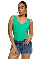 Womens Ribbed Knit Side Cut Out Tank Bodysuit, Green, Size L