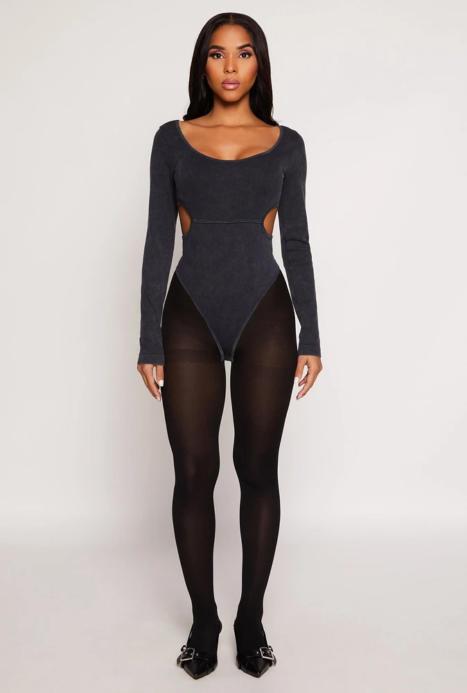 Womens Ribbed Knit Acid Wash Cut Out Bodysuit, Black, Size S