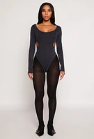 Womens Ribbed Knit Acid Wash Cut Out Bodysuit, Black, Size S