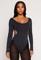 Womens Ribbed Knit Acid Wash Cut Out Bodysuit, Black, Size S