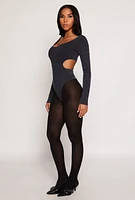 Womens Ribbed Knit Acid Wash Cut Out Bodysuit, Black, Size S