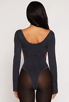 Womens Ribbed Knit Acid Wash Cut Out Bodysuit, Black, Size S