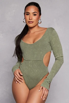 Womens Ribbed Knit Acid Wash Cut Out Bodysuit, Green, Size XL