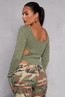 Womens Ribbed Knit Acid Wash Cut Out Bodysuit, Green, Size XL