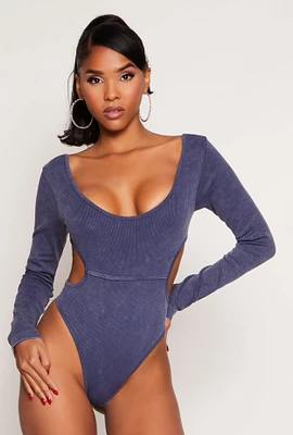 Womens Ribbed Knit Acid Wash Cut Out Bodysuit, Blue, Size XL