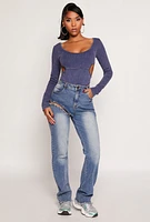 Womens Ribbed Knit Acid Wash Cut Out Bodysuit, Blue, Size XL