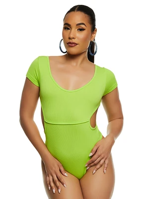 Womens Ribbed Knit Short Sleeve Side Cut Out Bodysuit, Green,