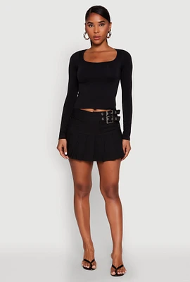 Womens Belted Front Mini Pleated Skirt, Black, Size XL