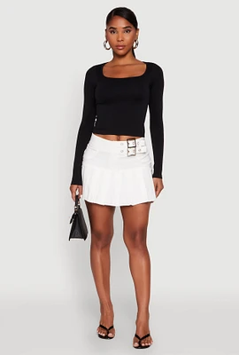 Womens Belted Front Mini Pleated Skirt, White, Size L
