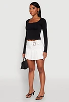 Womens Belted Front Mini Pleated Skirt, White, Size L