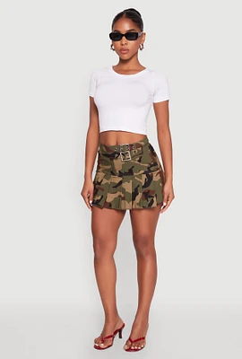 Womens Belted Front Mini Pleated Skirt, Green,
