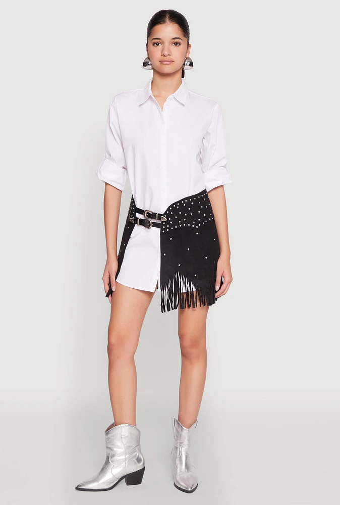 Womens Fringe Buckle Front Skirt, Black, Size XL