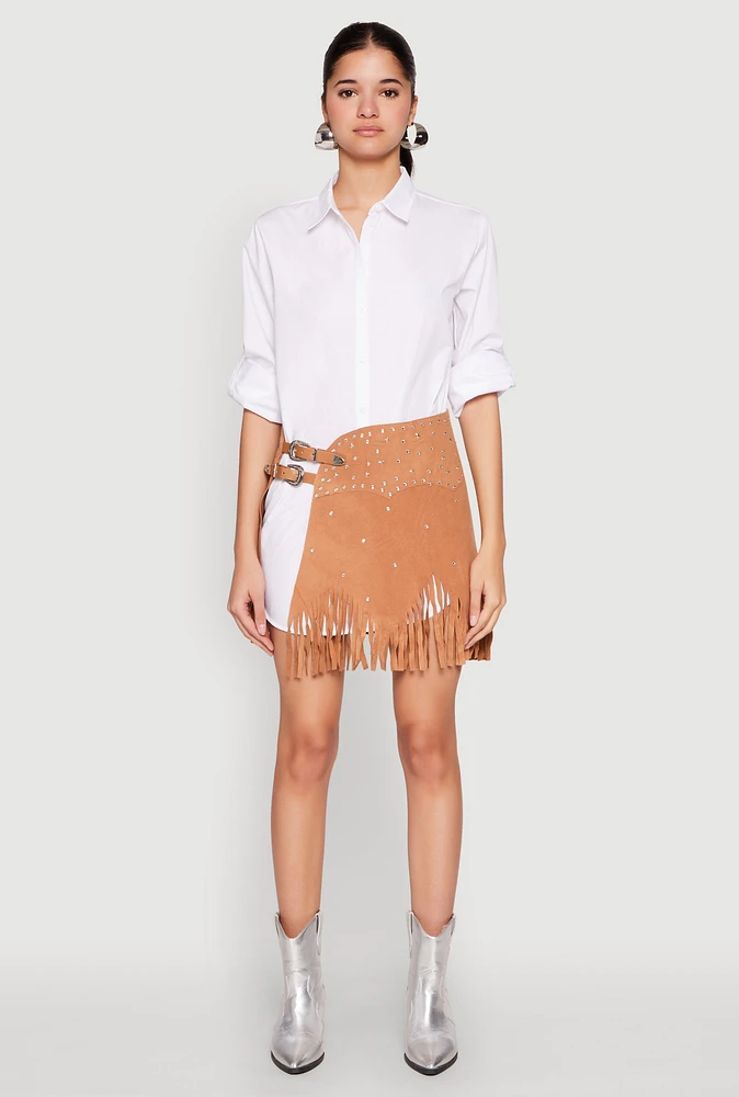 Womens Fringe Buckle Front Skirt, Khaki, Size S