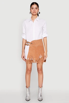 Womens Fringe Buckle Front Skirt, Khaki, Size S