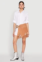 Womens Fringe Buckle Front Skirt, Khaki, Size S