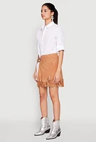 Womens Fringe Buckle Front Skirt, Khaki, Size S
