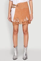 Womens Fringe Buckle Front Skirt, Khaki, Size S