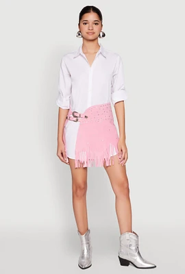 Womens Fringe Buckle Front Skirt, Pink, Size L