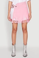 Womens Fringe Buckle Front Skirt, Pink, Size L