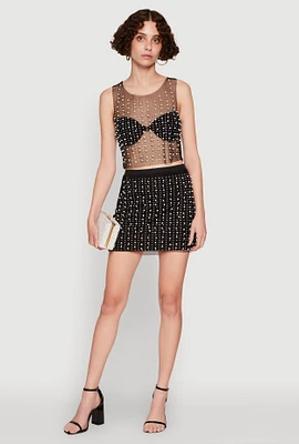 Womens Rhinestone Faux Pearl Mesh Overlay High Waisted Mini Skirt, Black, Size S