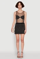 Womens Rhinestone Faux Pearl Mesh Overlay High Waisted Mini Skirt, Black, Size S