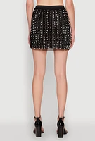 Womens Rhinestone Faux Pearl Mesh Overlay High Waisted Mini Skirt, Black, Size S