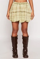 Womens Plaid High Waisted Bubble Skirt, Green,
