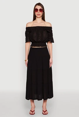 Womens Side Slit Tiered Maxi Skirt, Black, Size M