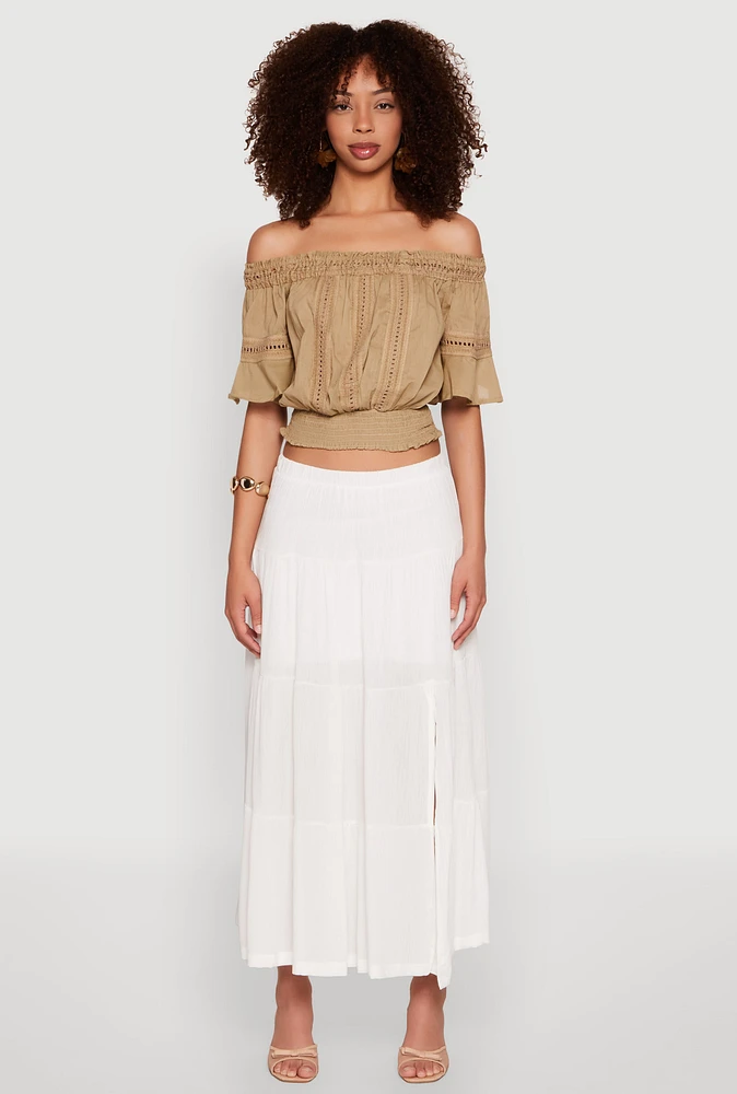 Womens Side Slit Tiered Maxi Skirt, White,