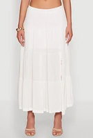 Womens Side Slit Tiered Maxi Skirt, White,