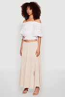 Womens Side Slit Tiered Maxi Skirt, Beige, Size L