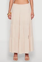 Womens Side Slit Tiered Maxi Skirt, Beige, Size L