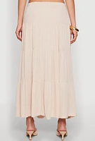 Womens Side Slit Tiered Maxi Skirt, Beige, Size L