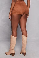 Womens Faux Suede Lace Up Shorts, Brown, Size L