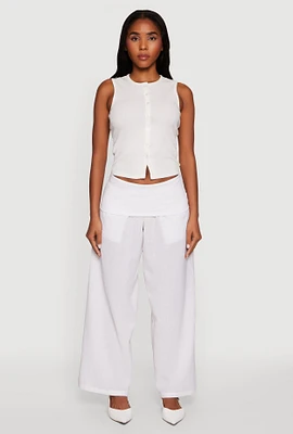 Womens Foldover Waistband Wide Leg Pants, White, Size S