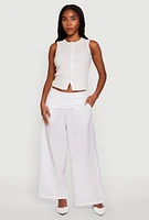 Womens Foldover Waistband Wide Leg Pants, White, Size L