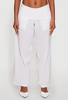 Womens Foldover Waistband Wide Leg Pants, White, Size L