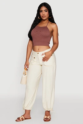 Womens Elastic Waist Drawstring Hem Joggers, White, Size M