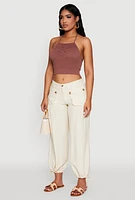 Womens Elastic Waist Drawstring Hem Joggers, White, Size M
