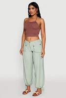 Womens Elastic Waist Drawstring Hem Joggers, Green, Size S