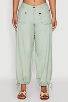 Womens Elastic Waist Drawstring Hem Joggers, Green, Size S