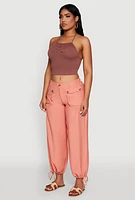 Womens Elastic Waist Drawstring Hem Joggers, Orange, Size M