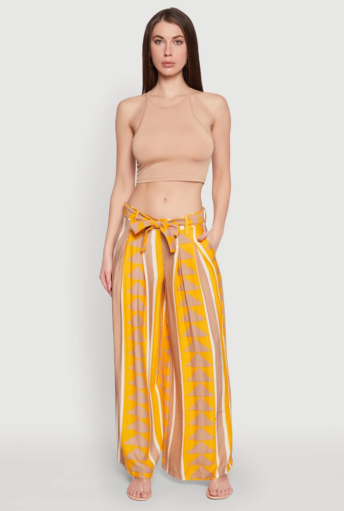 Womens Tie Waist Belted High Waisted Palazzo Pants, Yellow, Size M