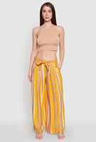 Womens Tie Waist Belted High Waisted Palazzo Pants, Yellow, Size M