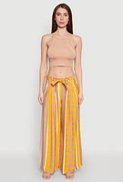 Womens Tie Waist Belted High Waisted Palazzo Pants, Yellow, Size M