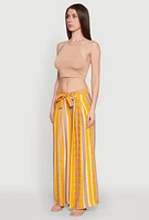 Womens Tie Waist Belted High Waisted Palazzo Pants, Yellow, Size M