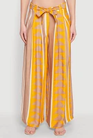 Womens Tie Waist Belted High Waisted Palazzo Pants, Yellow, Size M