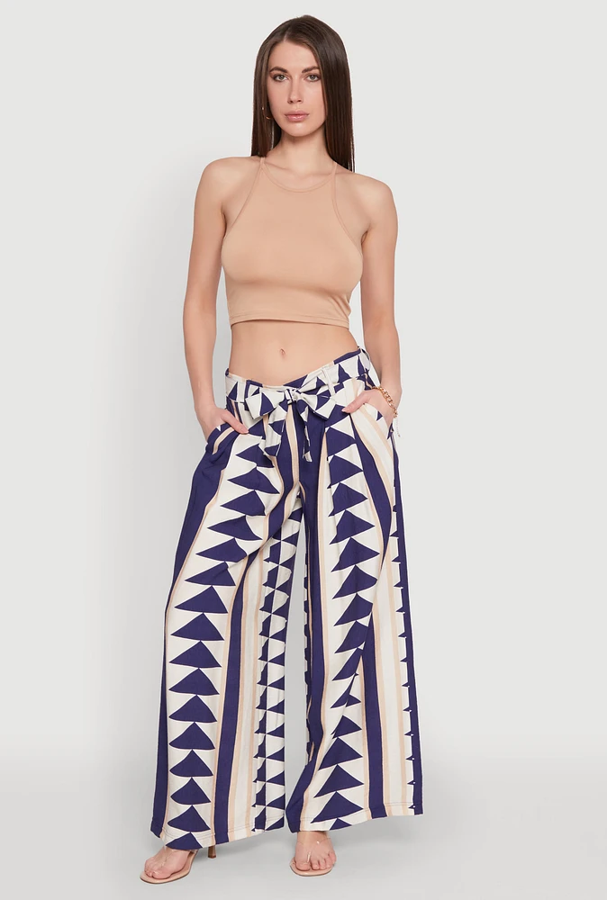 Womens Tie Waist Belted High Waisted Palazzo Pants, Blue, Size L