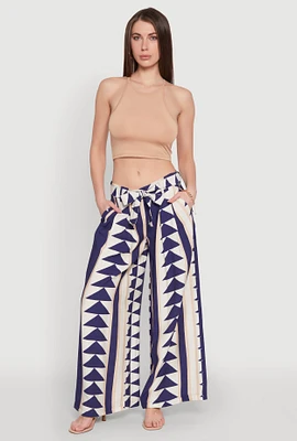 Womens Tie Waist Belted High Waisted Palazzo Pants, Blue, Size L